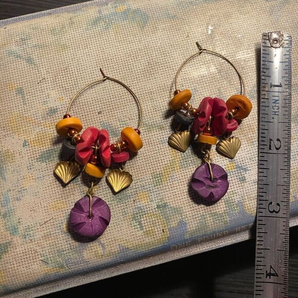 Vintage 1980s Hoop Earrings with Bold Colorful Beads and Charms - Picture 3 of 4